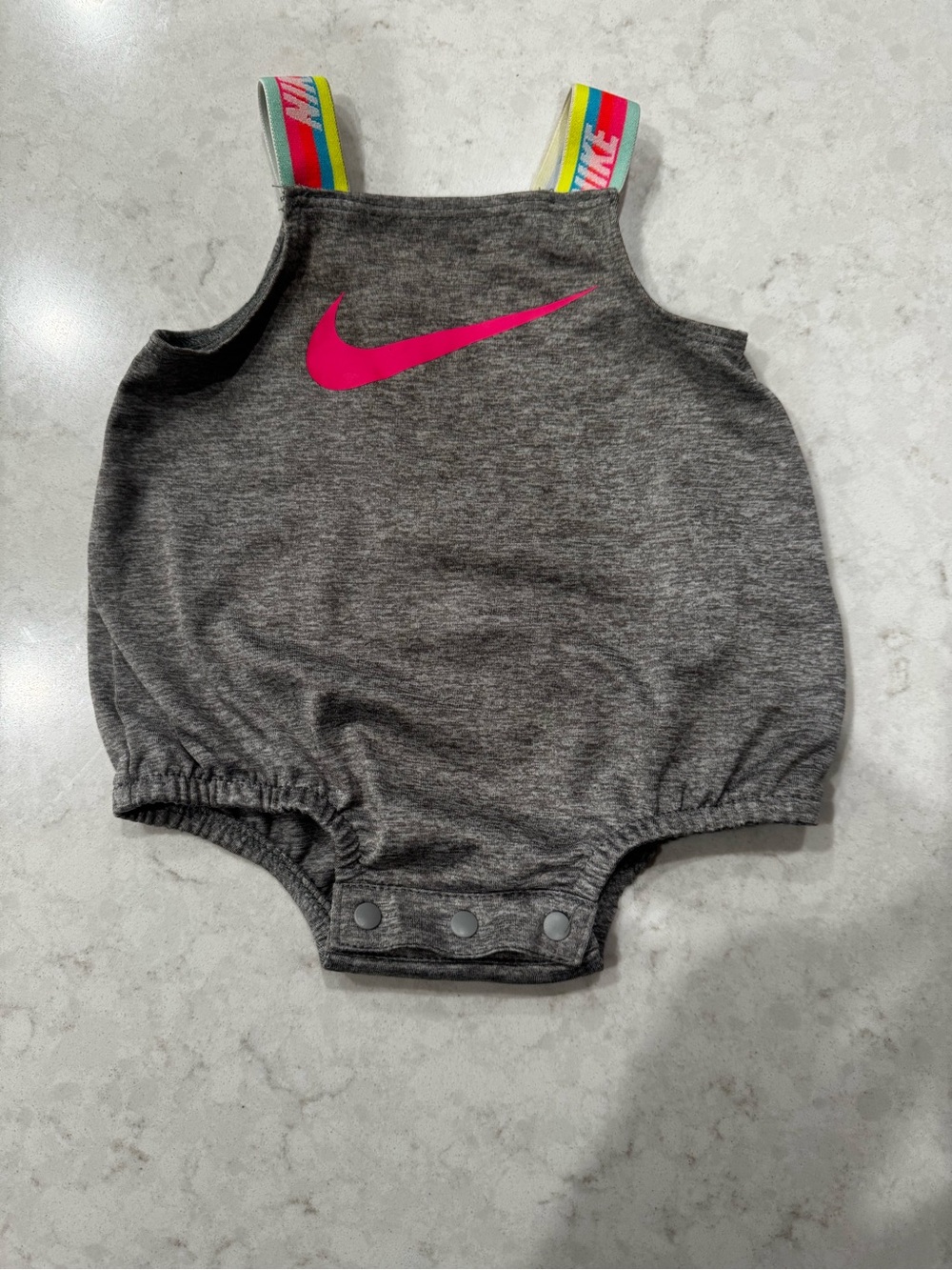 Nike Gray Baby Romper with Pink Swoosh and Rainbow Straps